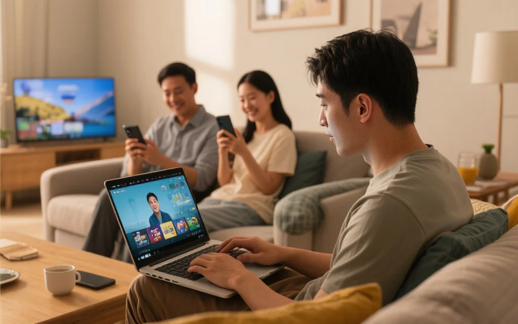 家庭客厅中，一名用户通过笔记本电脑专注娱乐，旁边的家人则用手机轻松互动，展示两种体验的和谐共存