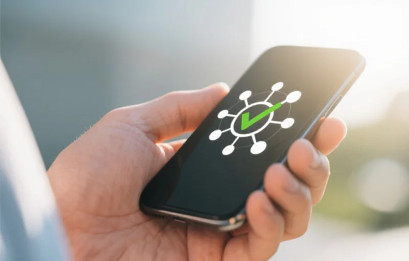 一只手拿着智能手机，屏幕上显示网络连接图标和对勾，表示连接成功